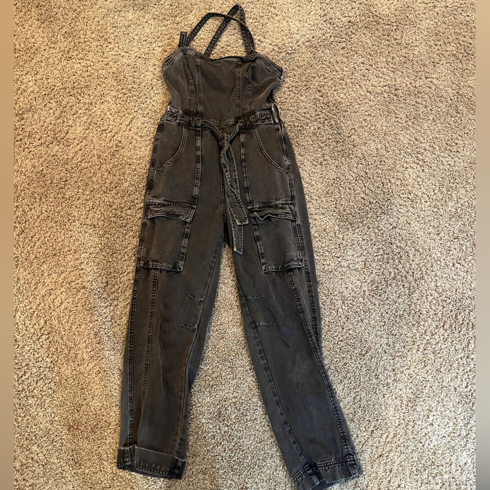 Free People Gray Denim Cargo Jumpsuit